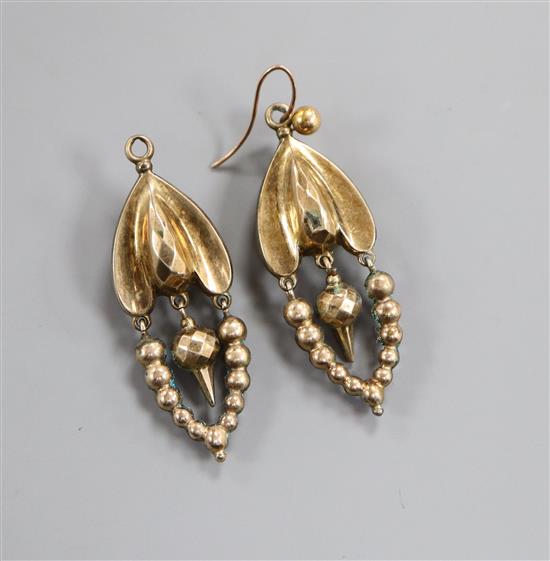 A pair of Victorian yellow metal navette shaped beaded drop earrings, 37mm.